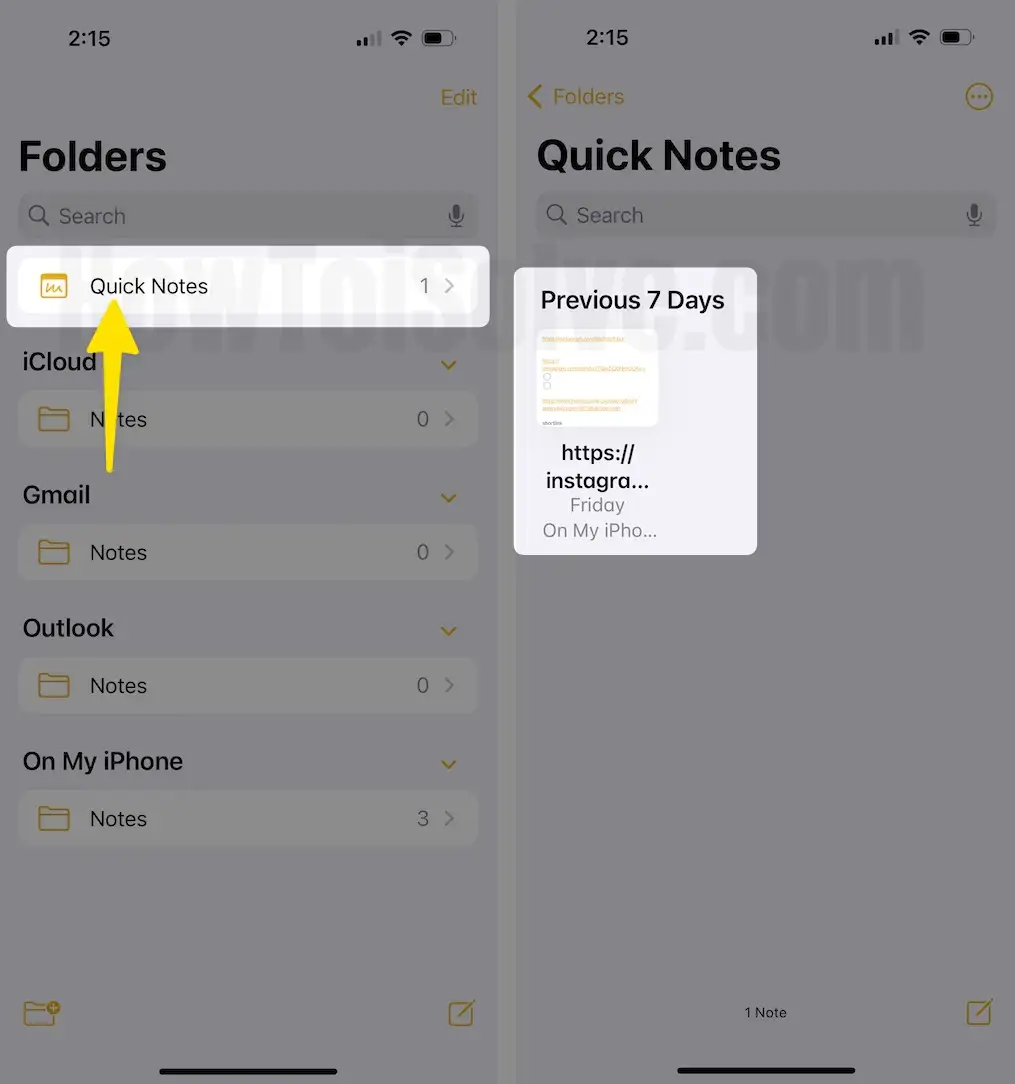 Select quick notes on iPhone