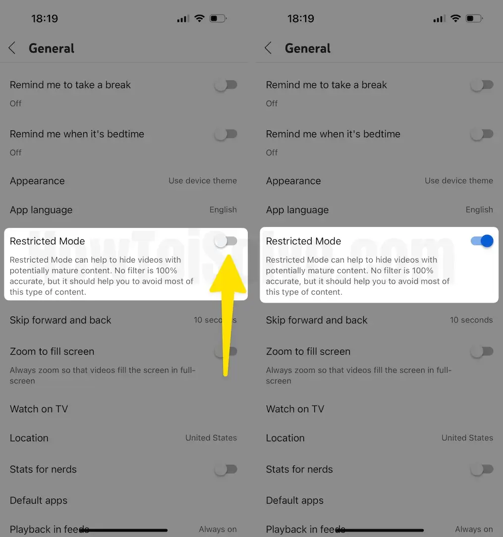 Enable toggle restricted mode on iPhone