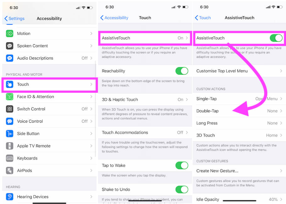 Assistive Touch Settings on iPhone settings app