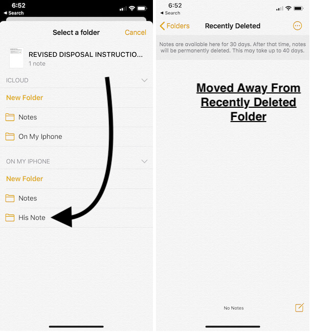 Move from Deleted Folder on iPhone notes app