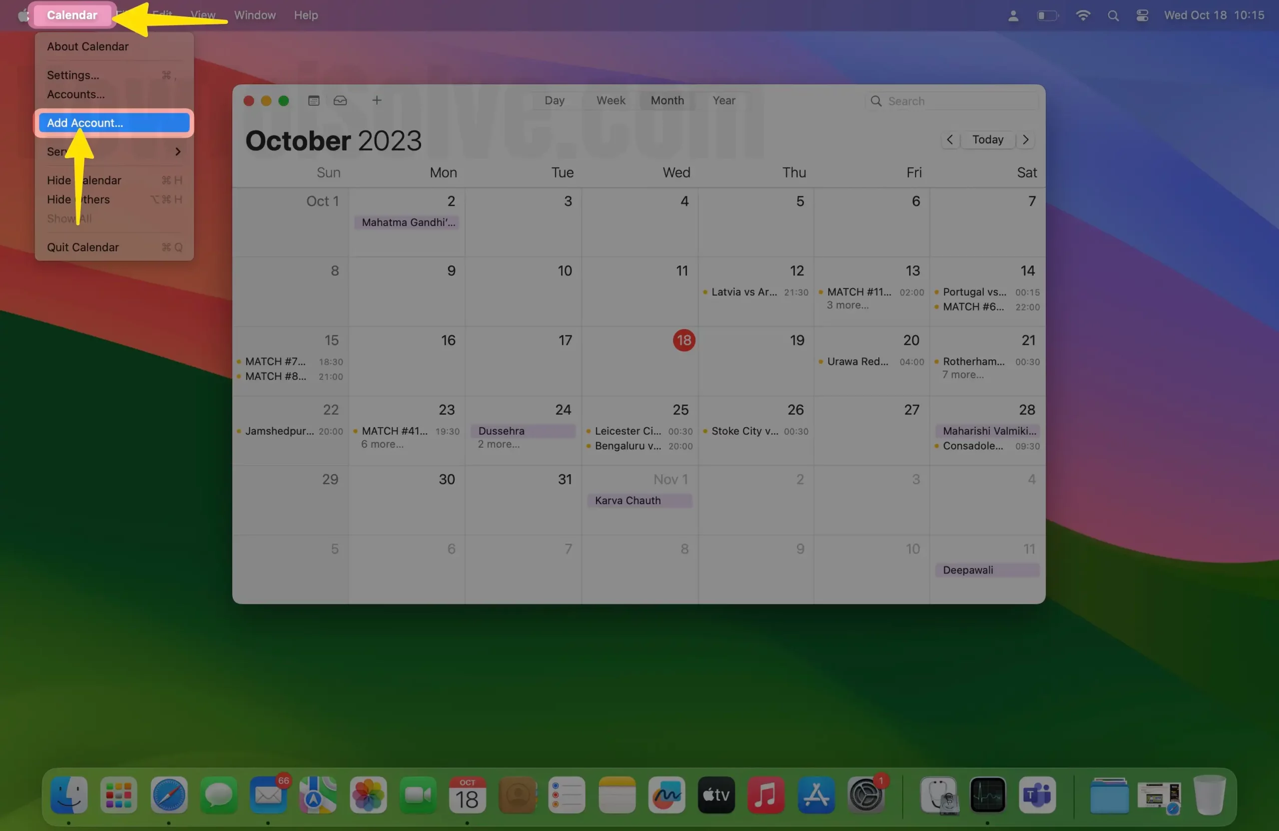 Click Calendar Select Add Account.. On Mac