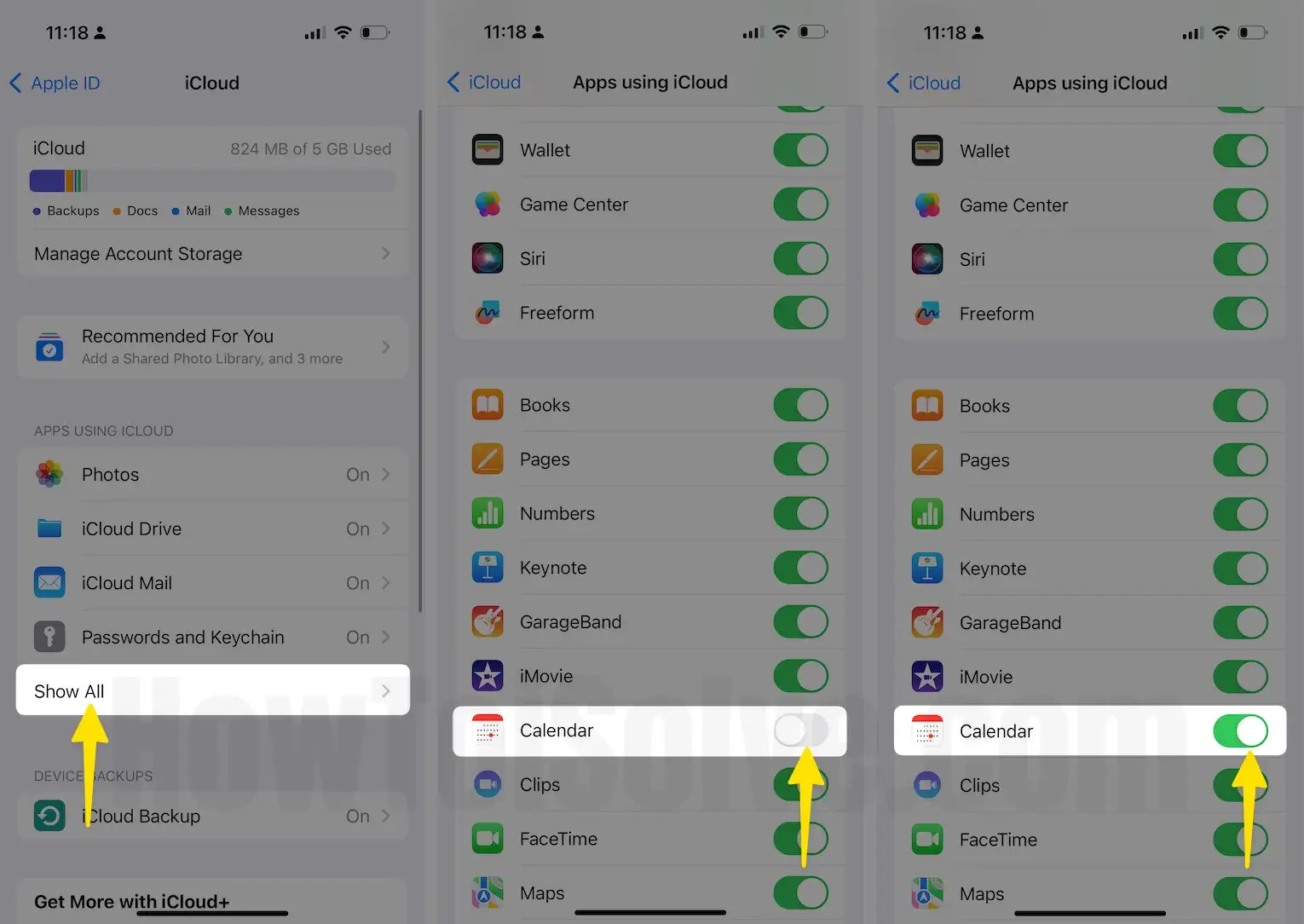 Click Show All Enable Toggle Calendar On iPhone