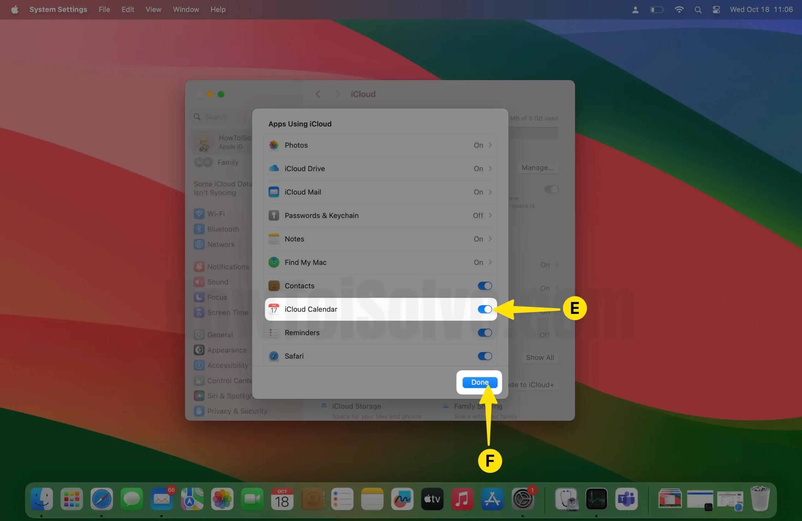 Turn On iCloud Calendar Click Done On Mac