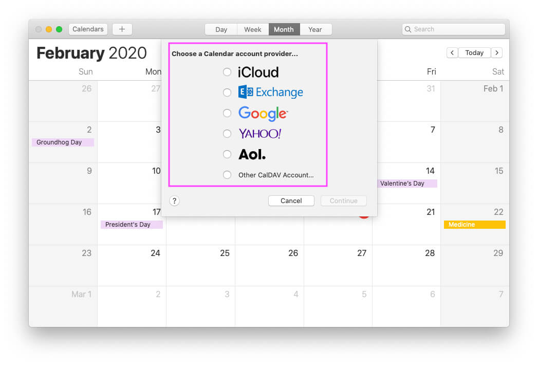 Select and add Another Account on Mac Calendar app 