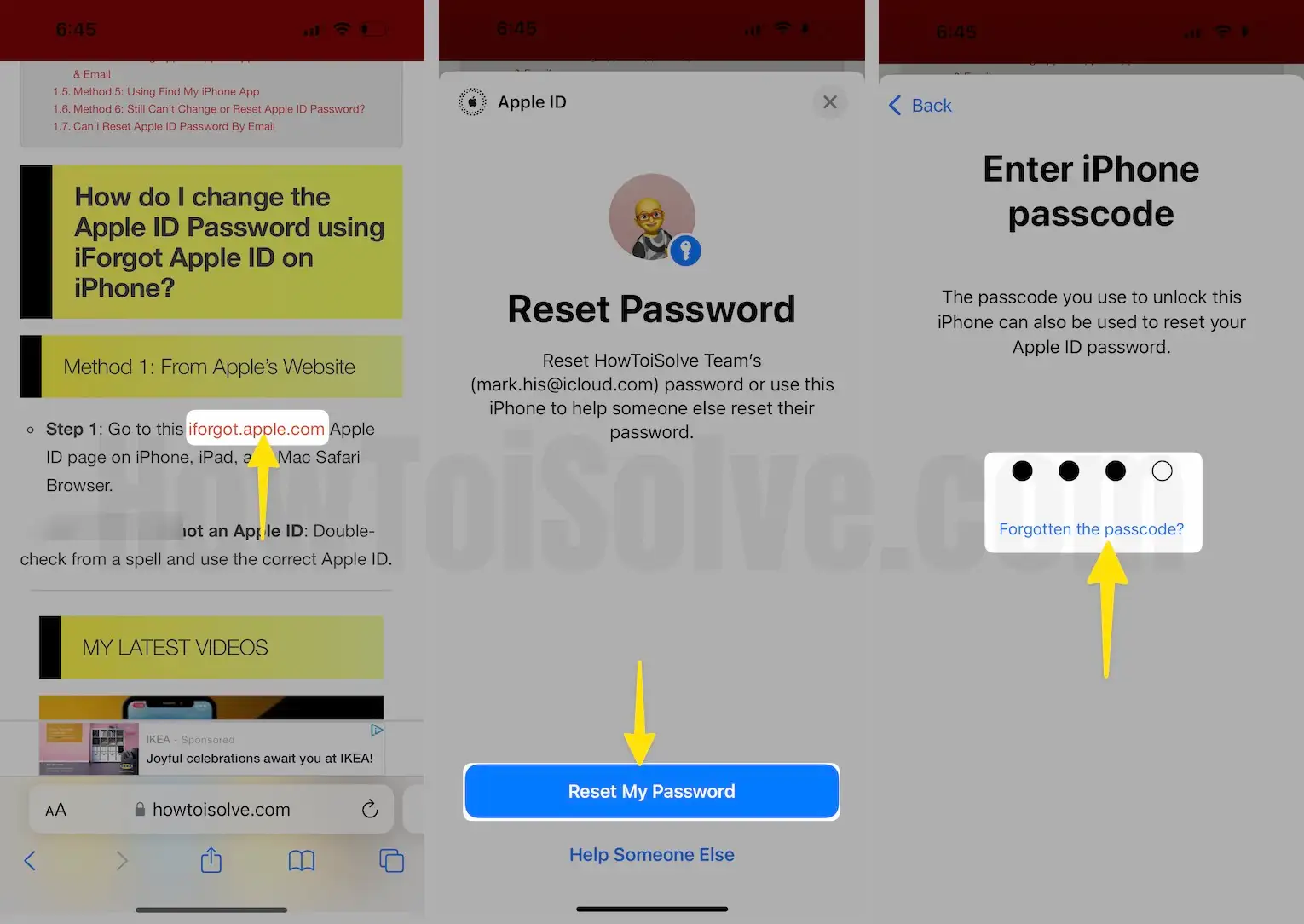 Open Safari Click Iforgot.apple.com Tap Reset My Password Forgotten The Passcode On iPhone
