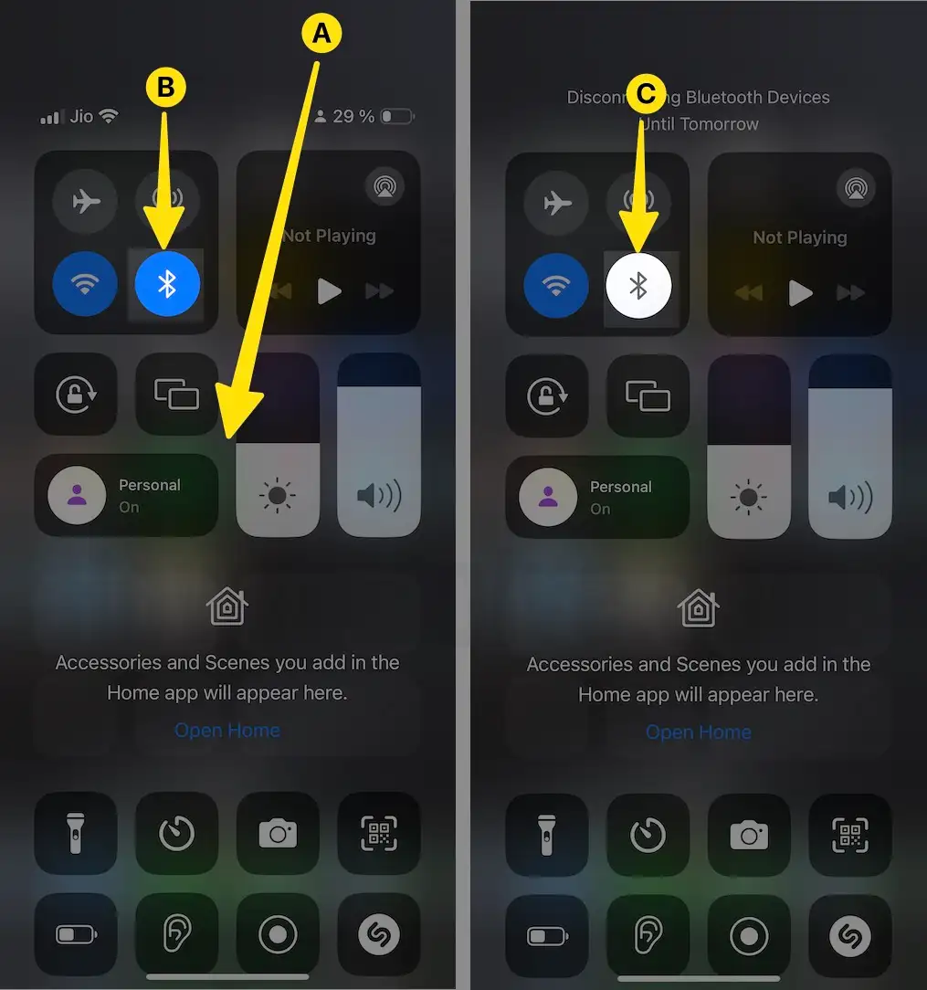 Access Control Center Tap on Bluetooth Disable Bluetooth on iPhone