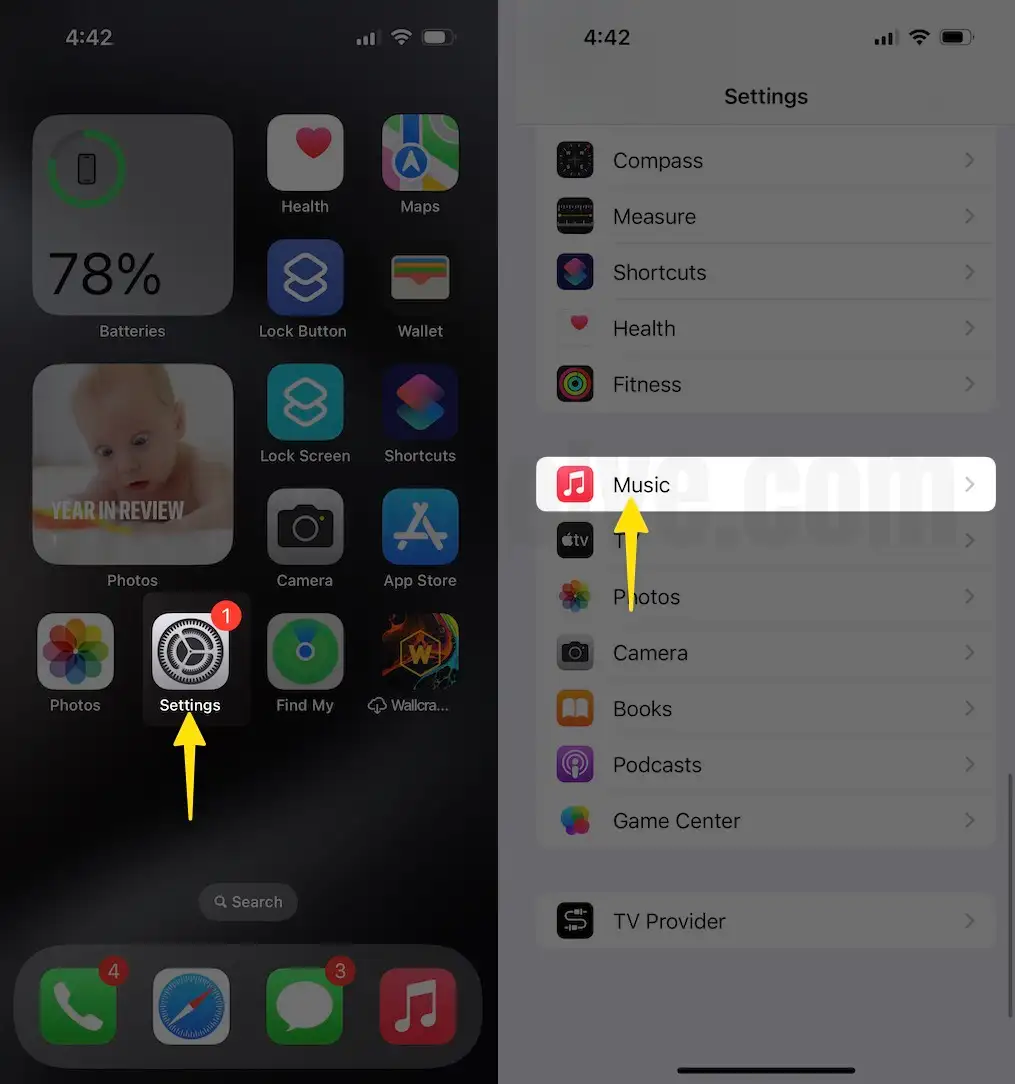 Go to the settings app scroll the music on iPhone
