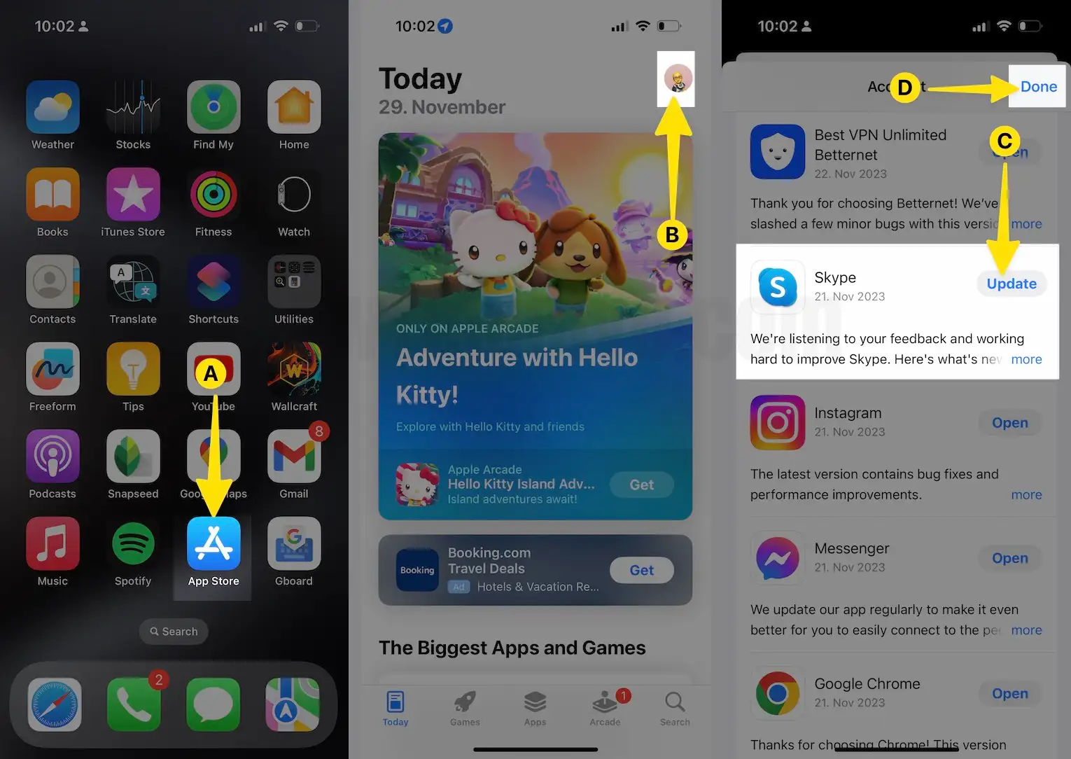 Open App Store Select Profile Icon Update Skype on iPhone