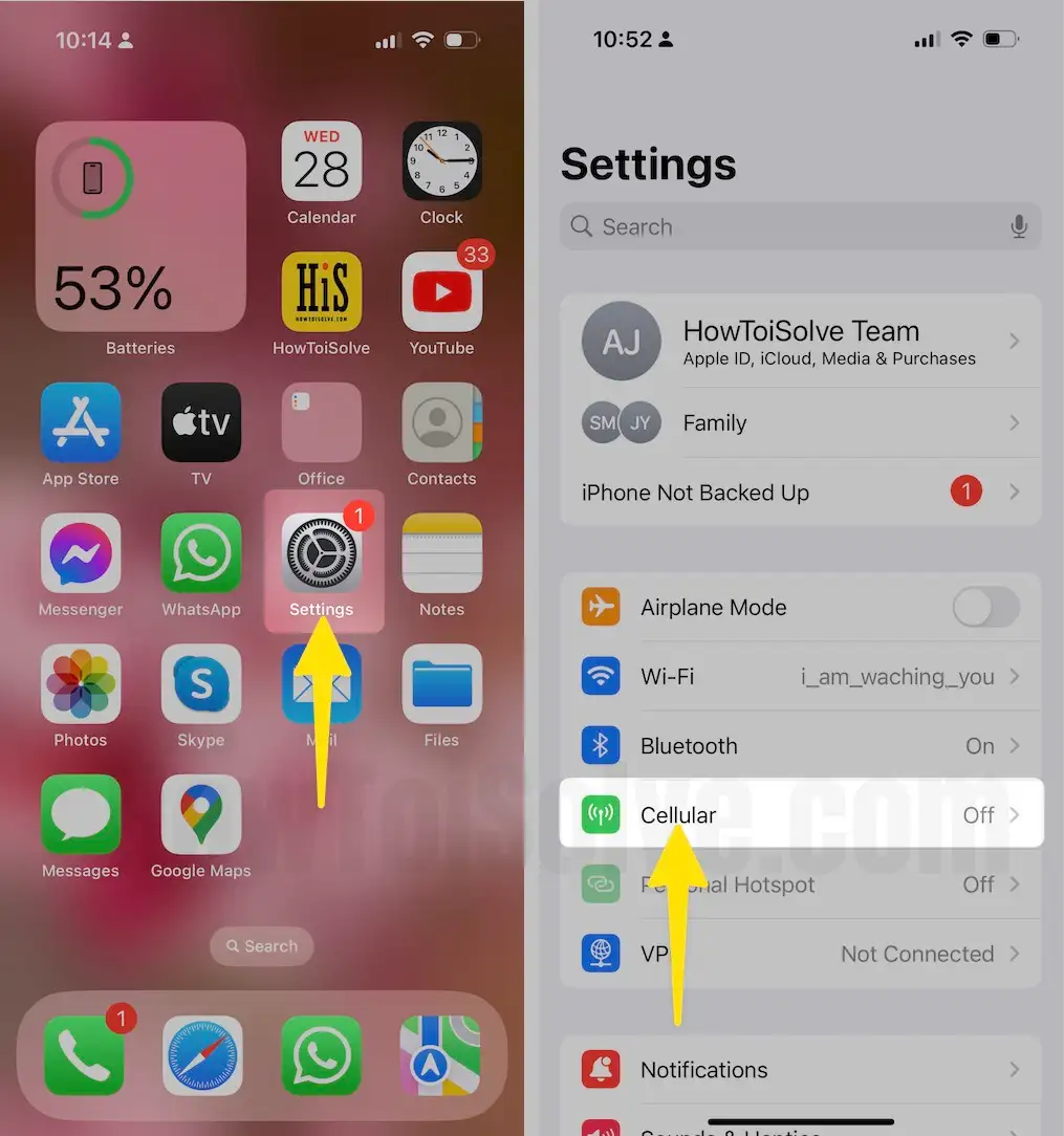 Open Settings App Tap on Cellular on iPhone