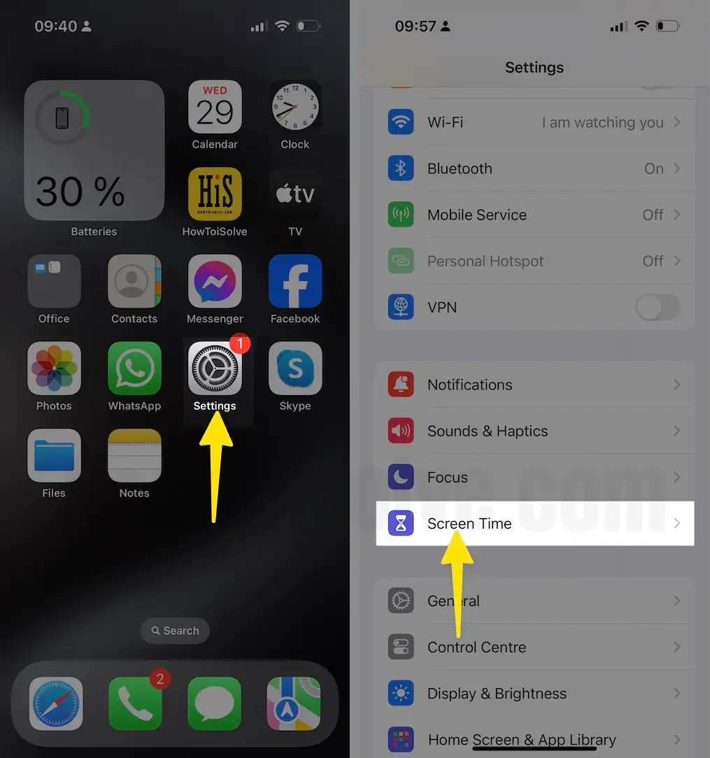 Open Settings Select Screen time on iPhone
