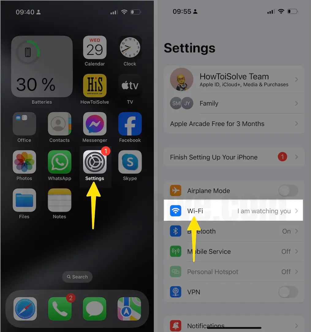 Open Settings Select Wi-Fi on iPhone