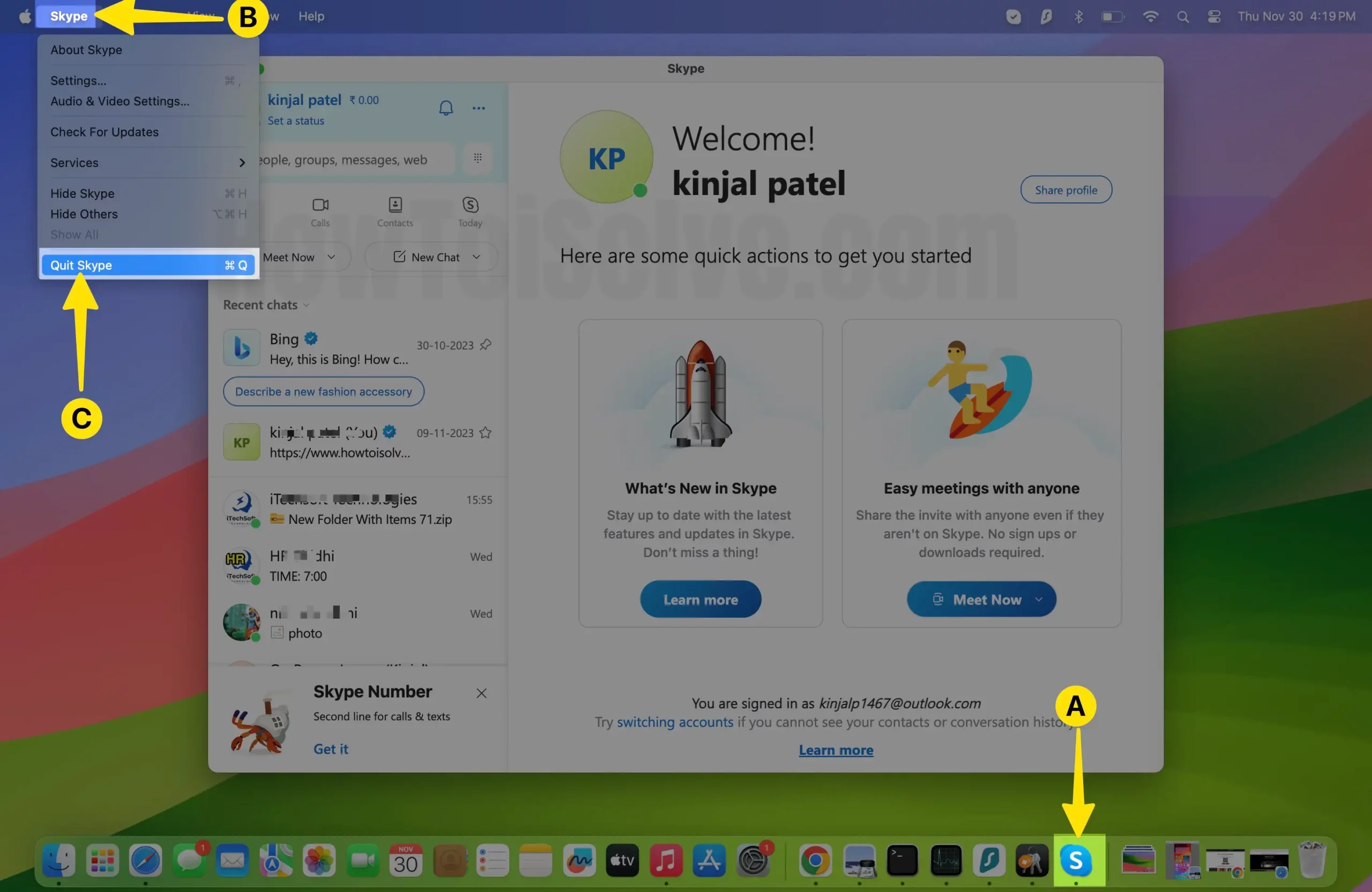 Open Skype Select Skype next to the Apple Menu Choose Quit Skype on Mac