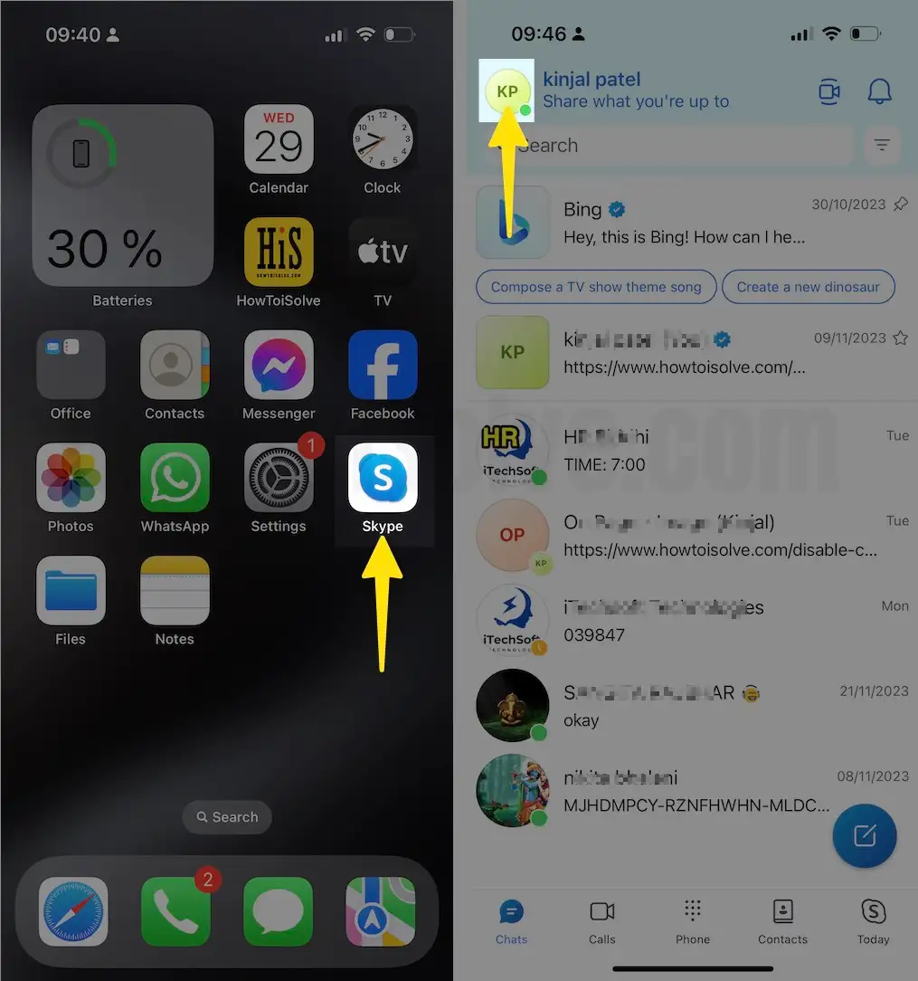 Open Skype Tap Profile Icon on iPhone