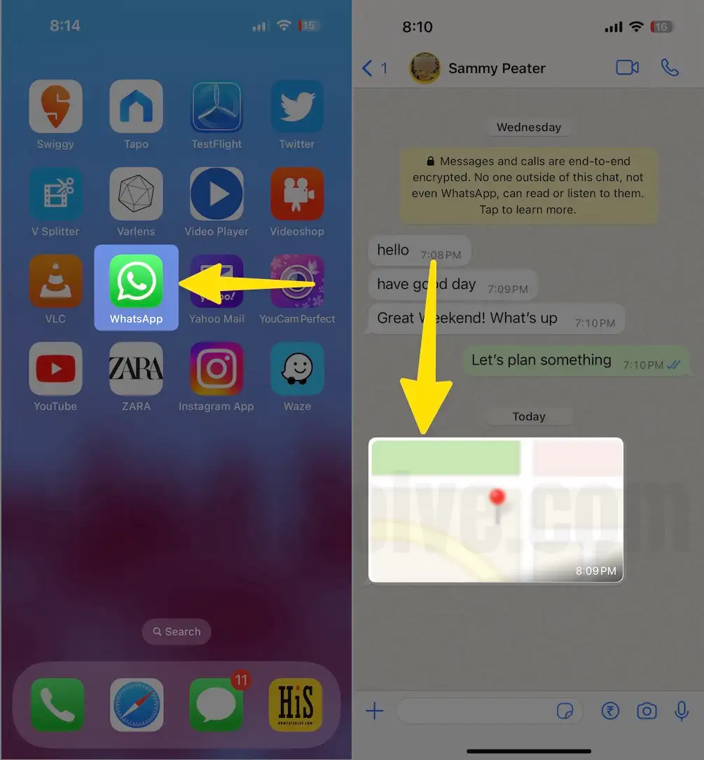 Open WhatsApp chat conversation Tap on View location on iPhone