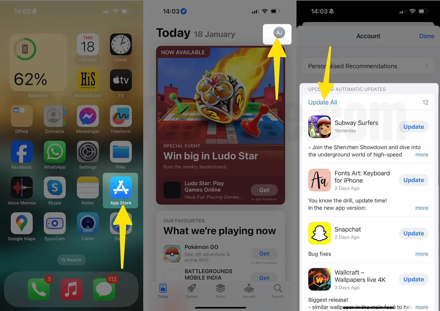 Open app store tap profile click on all update on iPhone