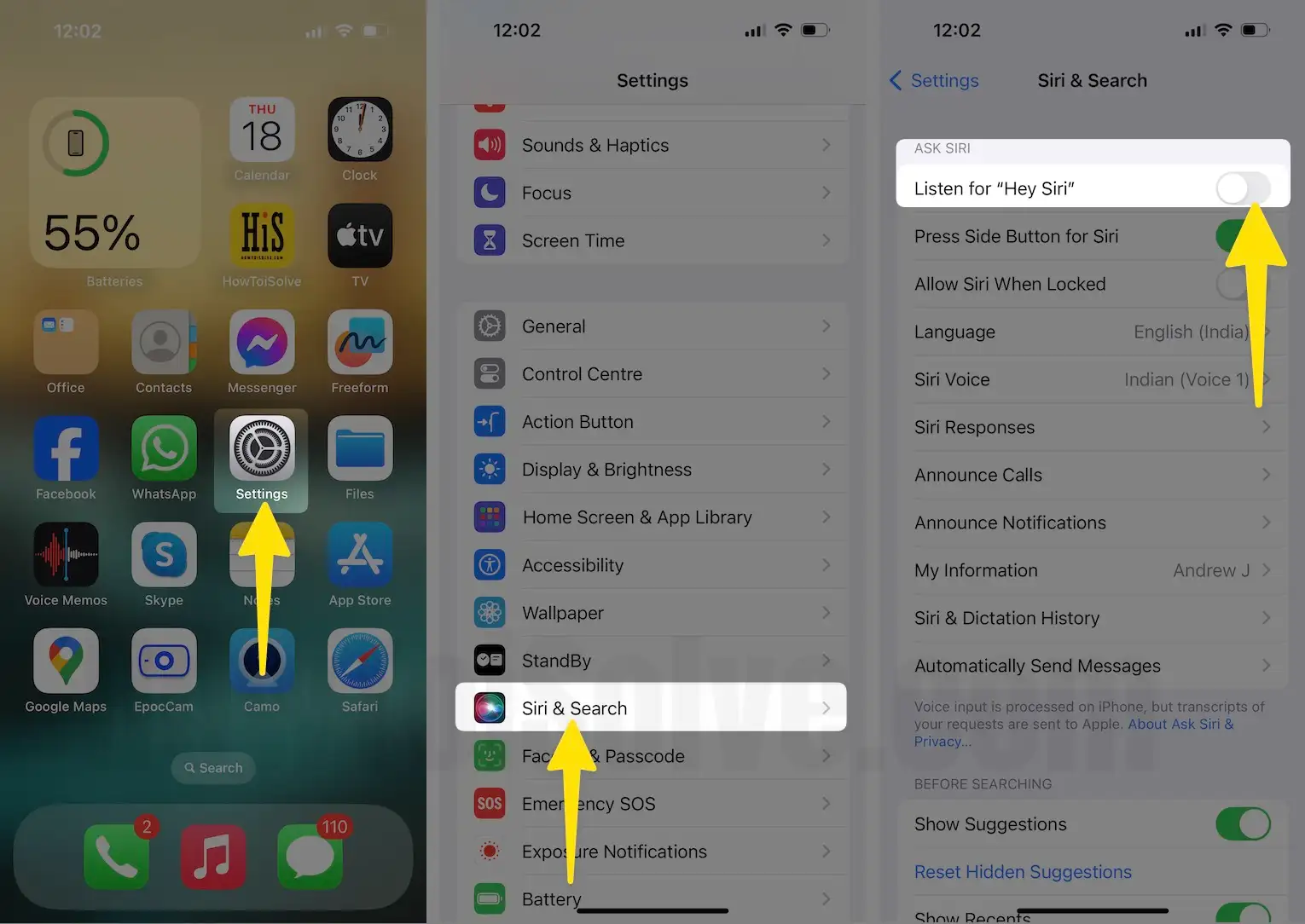 Open settings app tap Siri search turn off listen for hay Siri on iPhone
