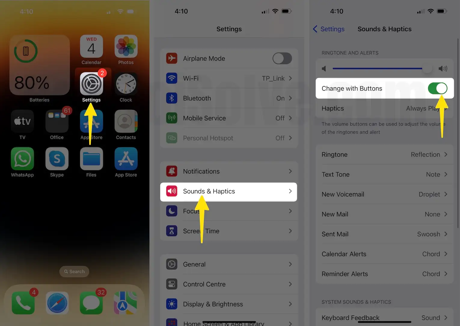 Launch the settings app and tap on sounds & haptics enable toggle ON then select change with buttons on iPhone