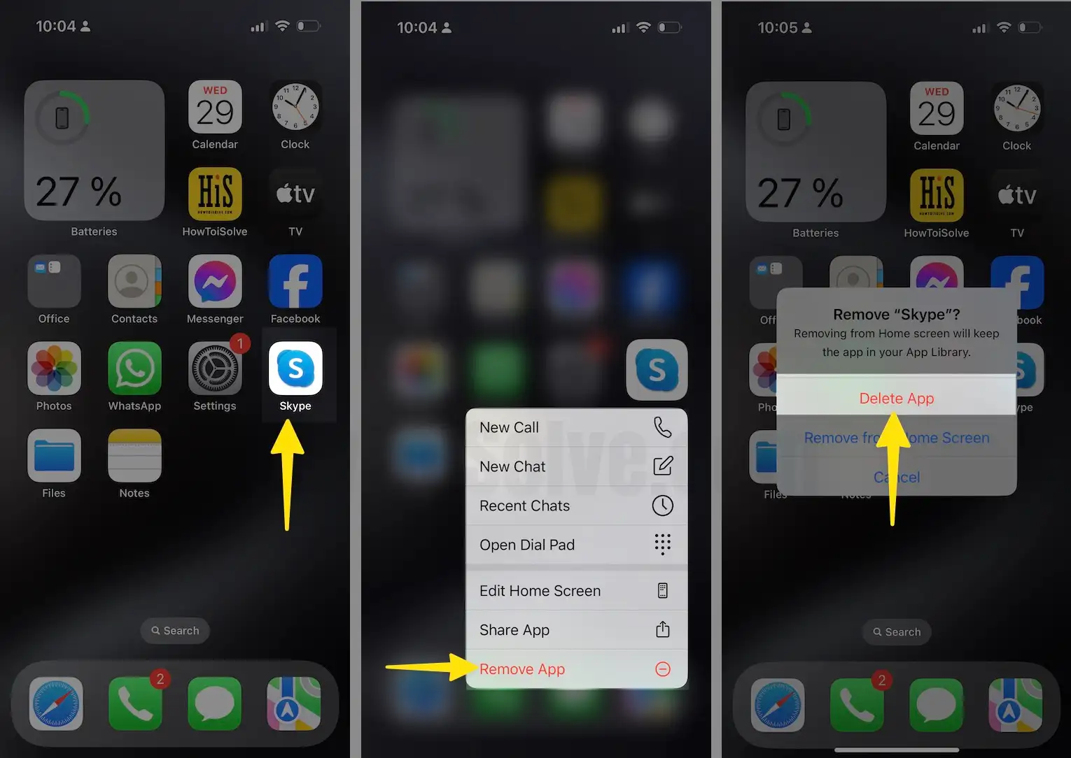 Press & Hold Skype App Icon Select Remove App Tap Delete App on iPhone