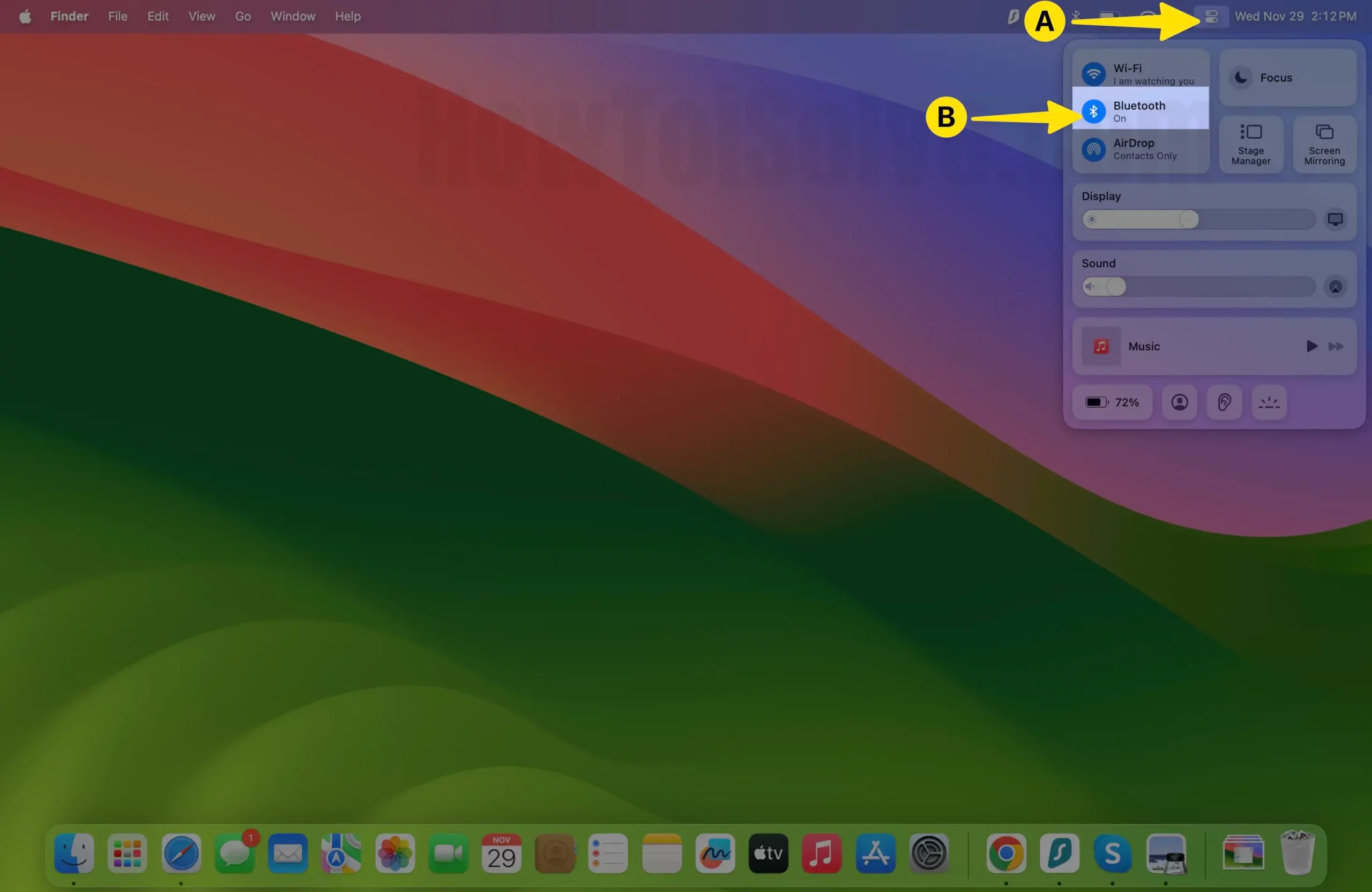 Tap Control Center Icon Click on Bluetooth on Mac