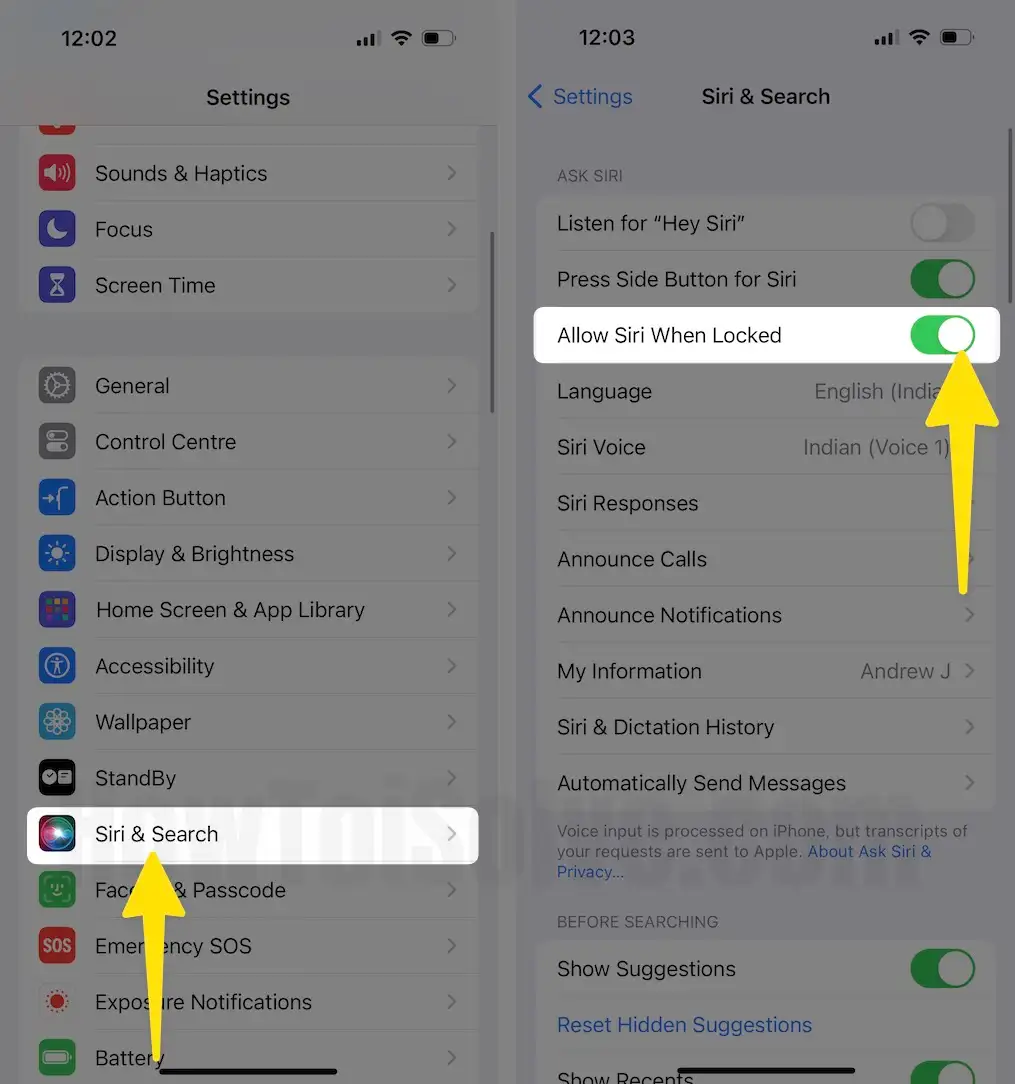 Click Siri & search turn on Allow Siri When Locked on iPhone