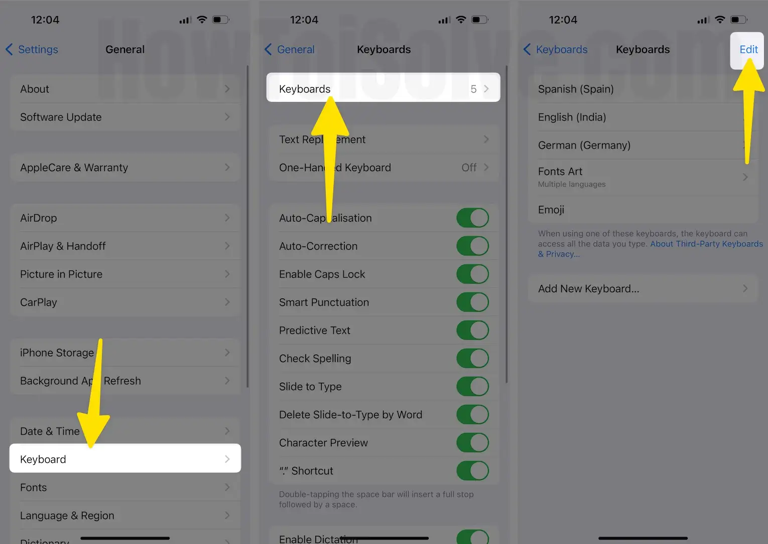 Click keyboard tap on keyboards select edit option on iPhone