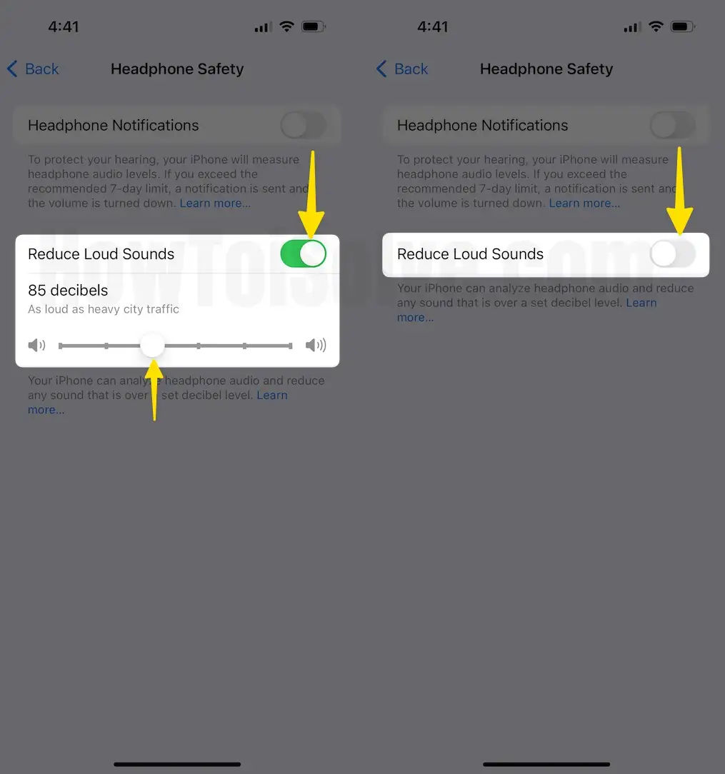 Enable:disable toggle reduce loud sounds on iPhone