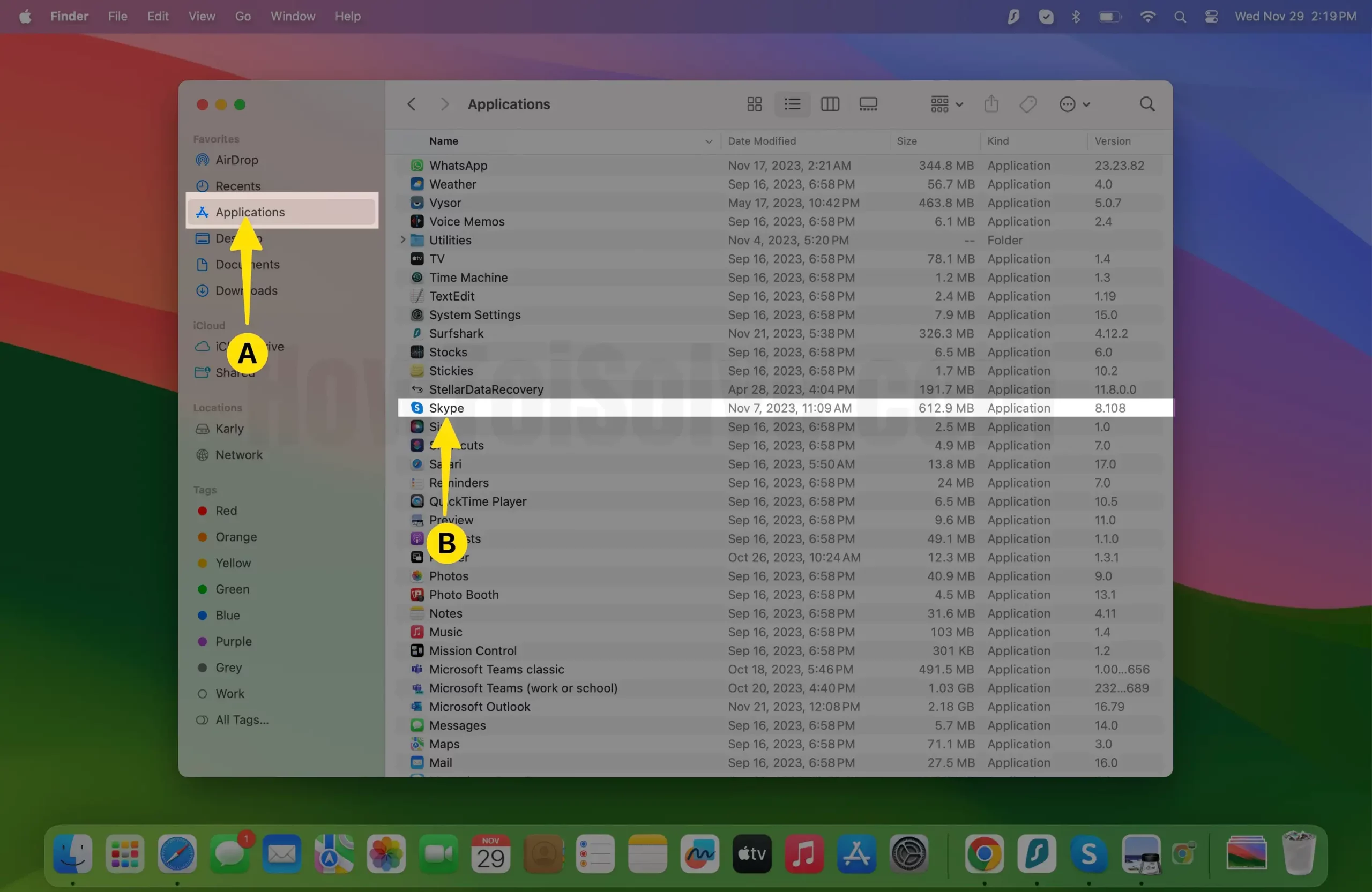 Select Applications Choose Skype on Mac
