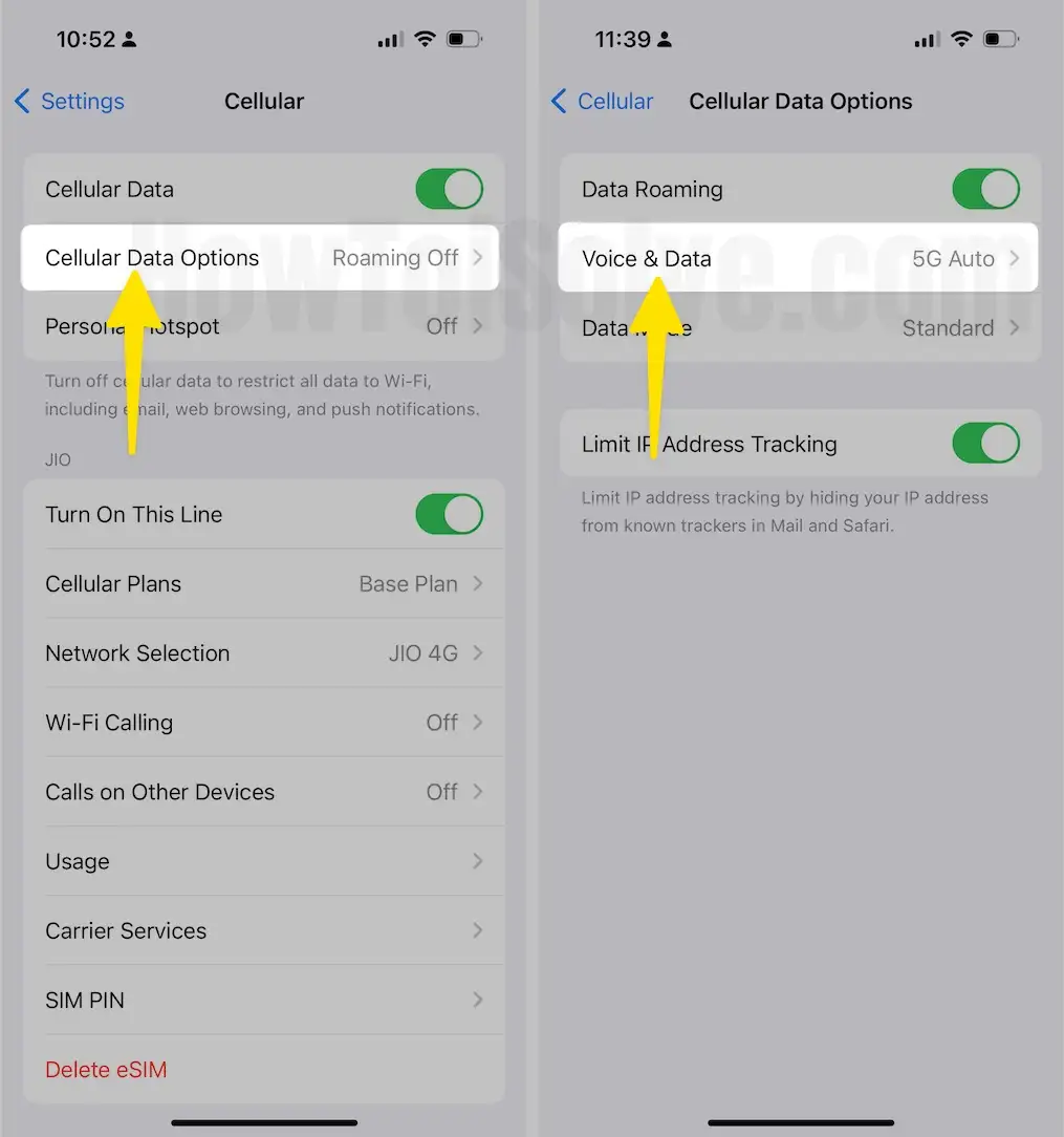 Select Cellular Data Options Tap on Voice & Data on iPhone