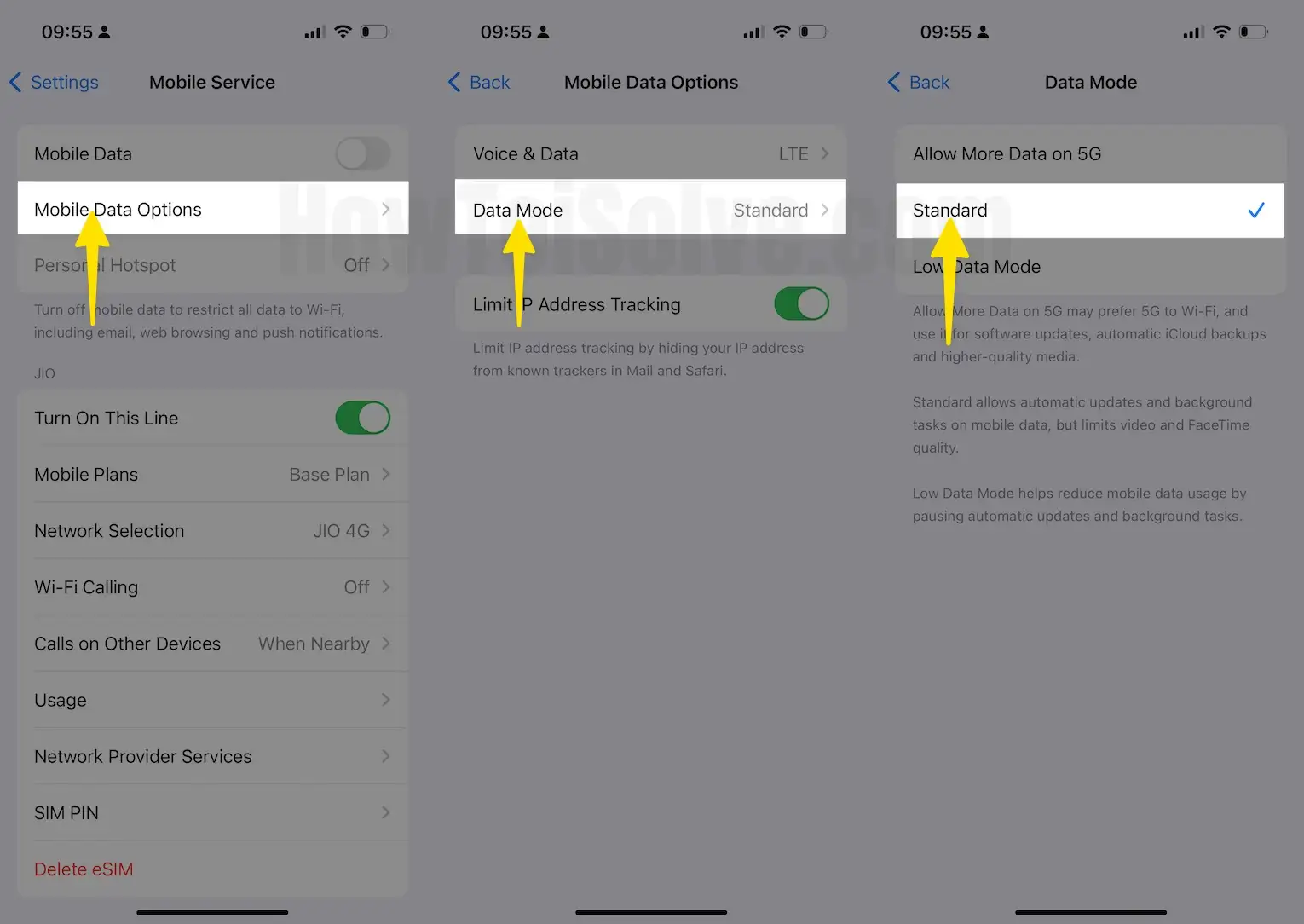 Select Mobile Data Option Tap Data Mode to Standard on iPhone
