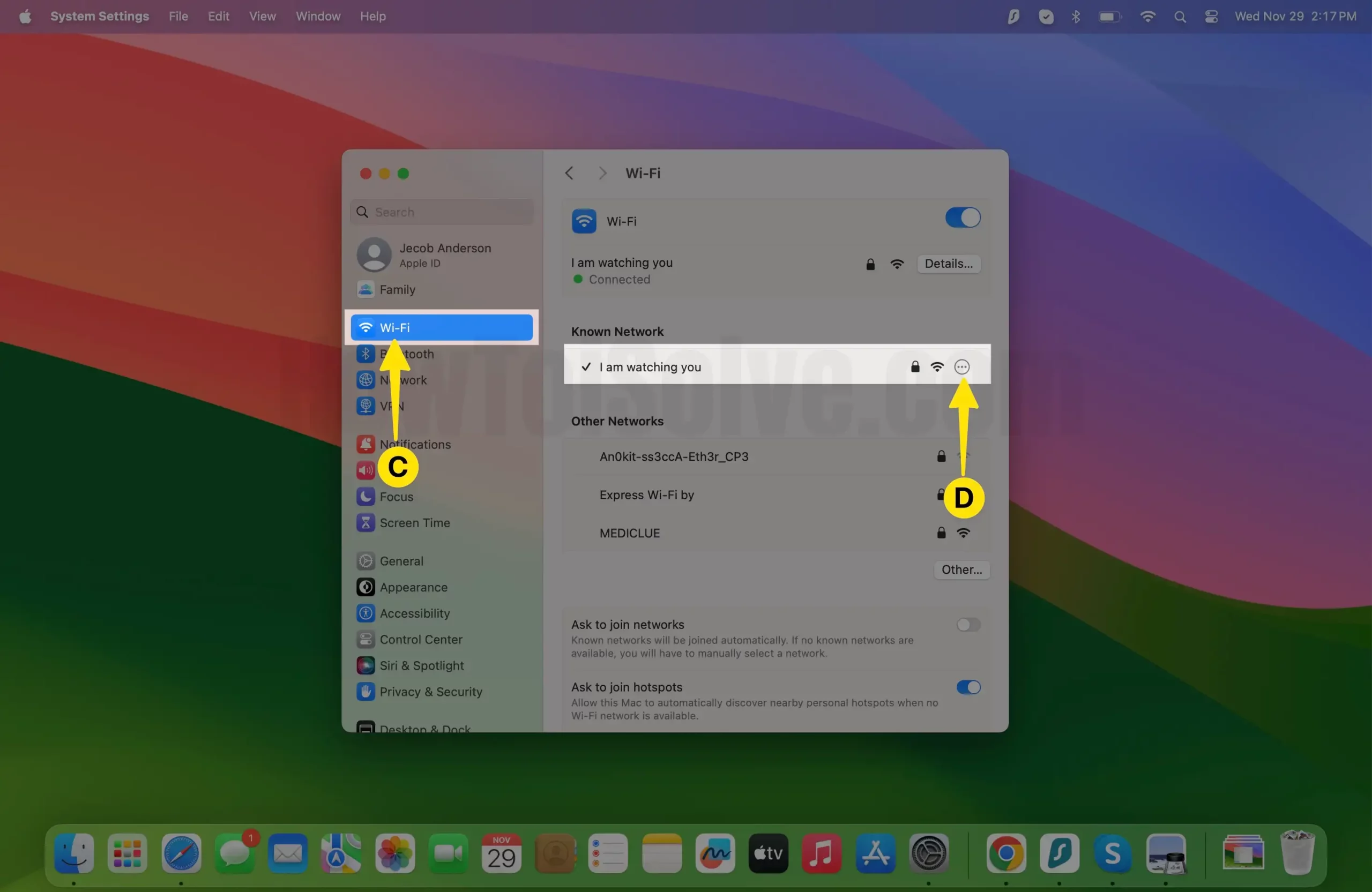 Select Wi-Fi Tap on i Button Next to Connected Wi-Fi on Mac