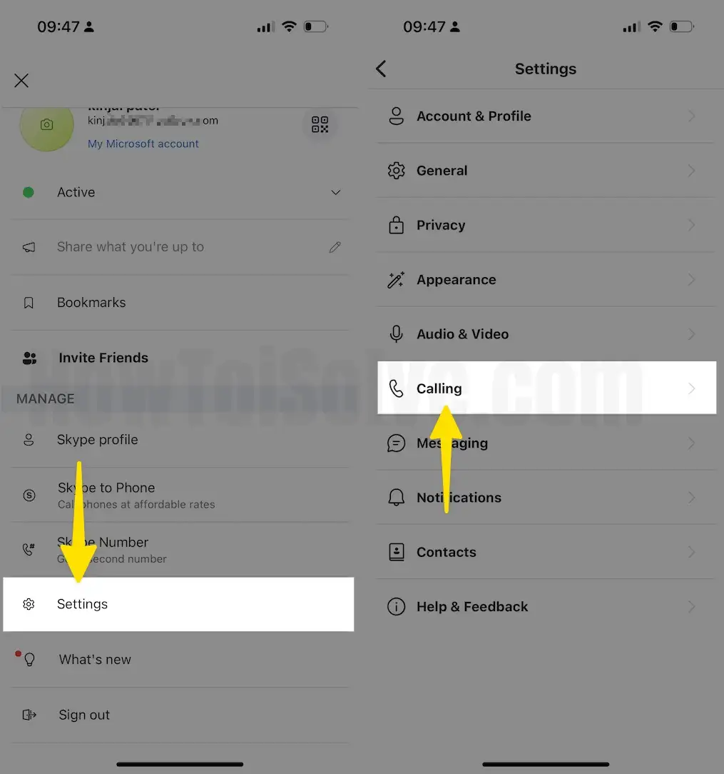 Swipe down and Select Settings Choose Calling on iPhone