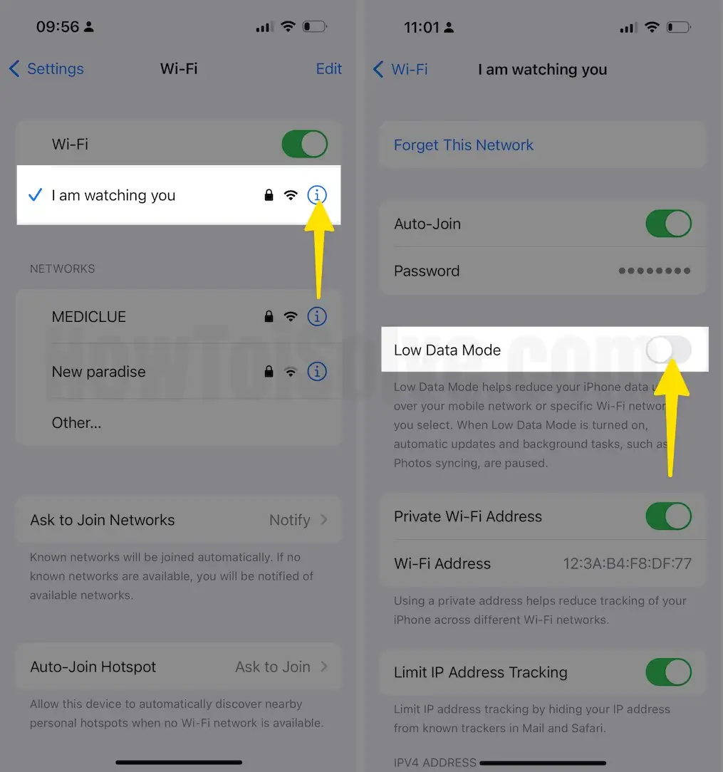 Tap on i Button next to Connected Wi-Fi Disable Low Data Mode on iPhone