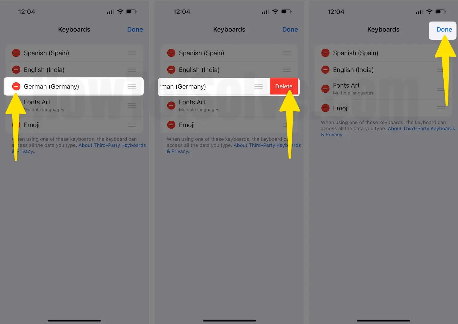 Click on (-) minus icon tap on delete option select done button on iPhone