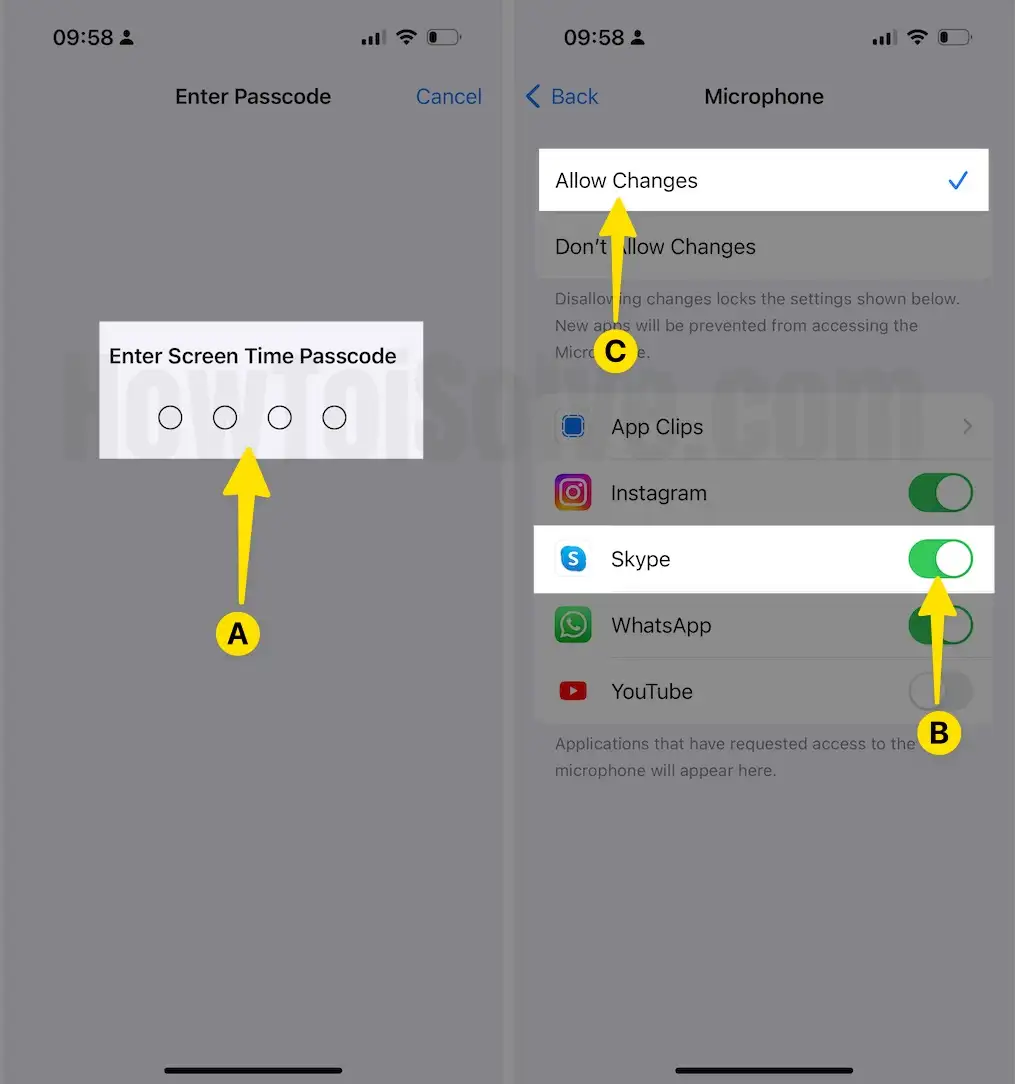 Enter A Passcode Enable Skype to Tap Allow Changes on iPhone