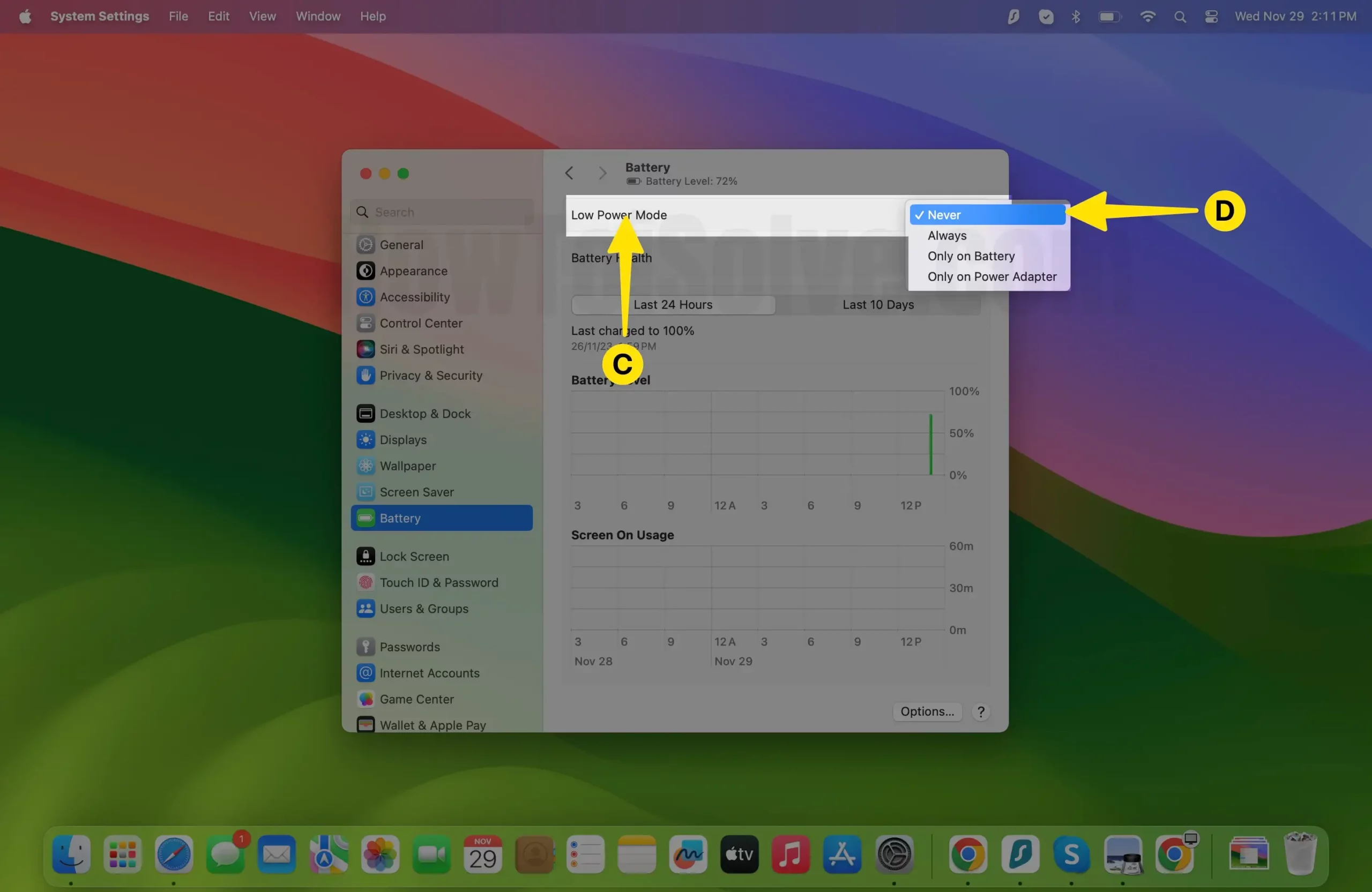 Select Low Power Mode Click on Never on Mac