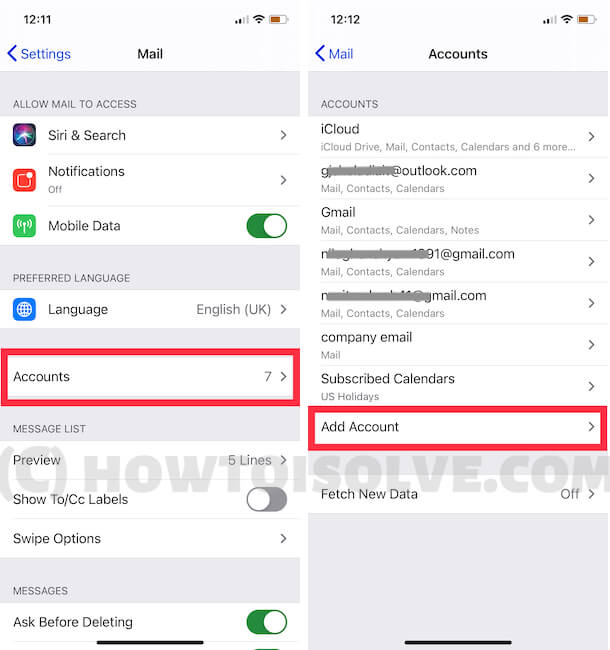 Add new mail account on iPhone mail app on iPhone settings app
