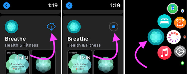 Приложение Breath установлено на Apple Watch