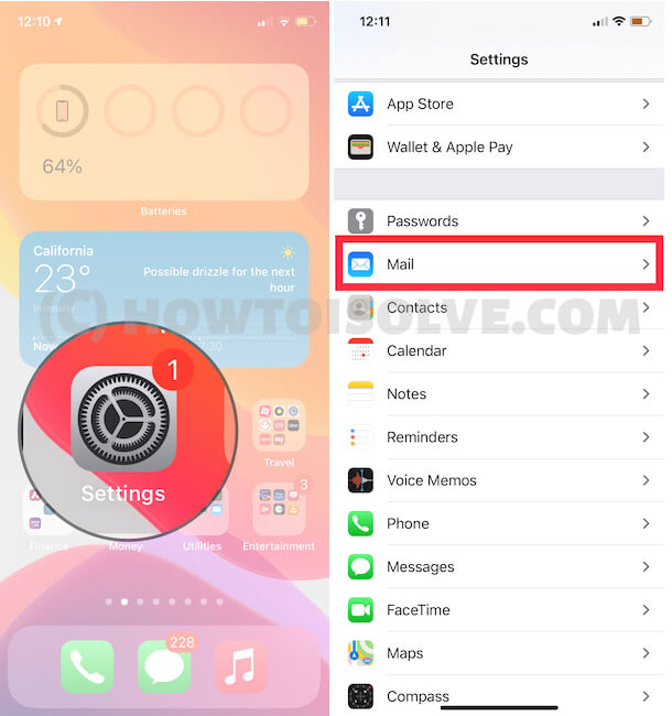 Mail Settings on iPhone Settings app