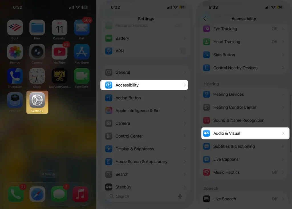 Open settings app click accessibility and tap on Audio & Visual to turn off background sound on iPhone