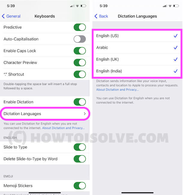 Select Dictation Language on iPhone settings