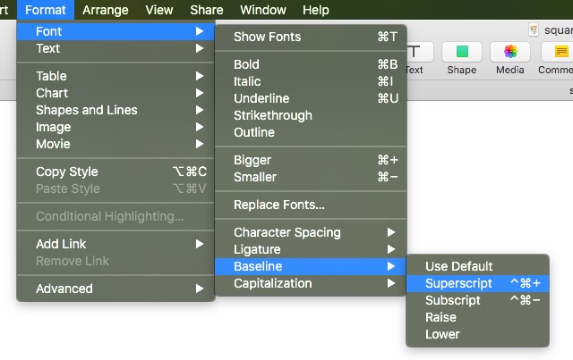 apple keyboard shortcut for subscript