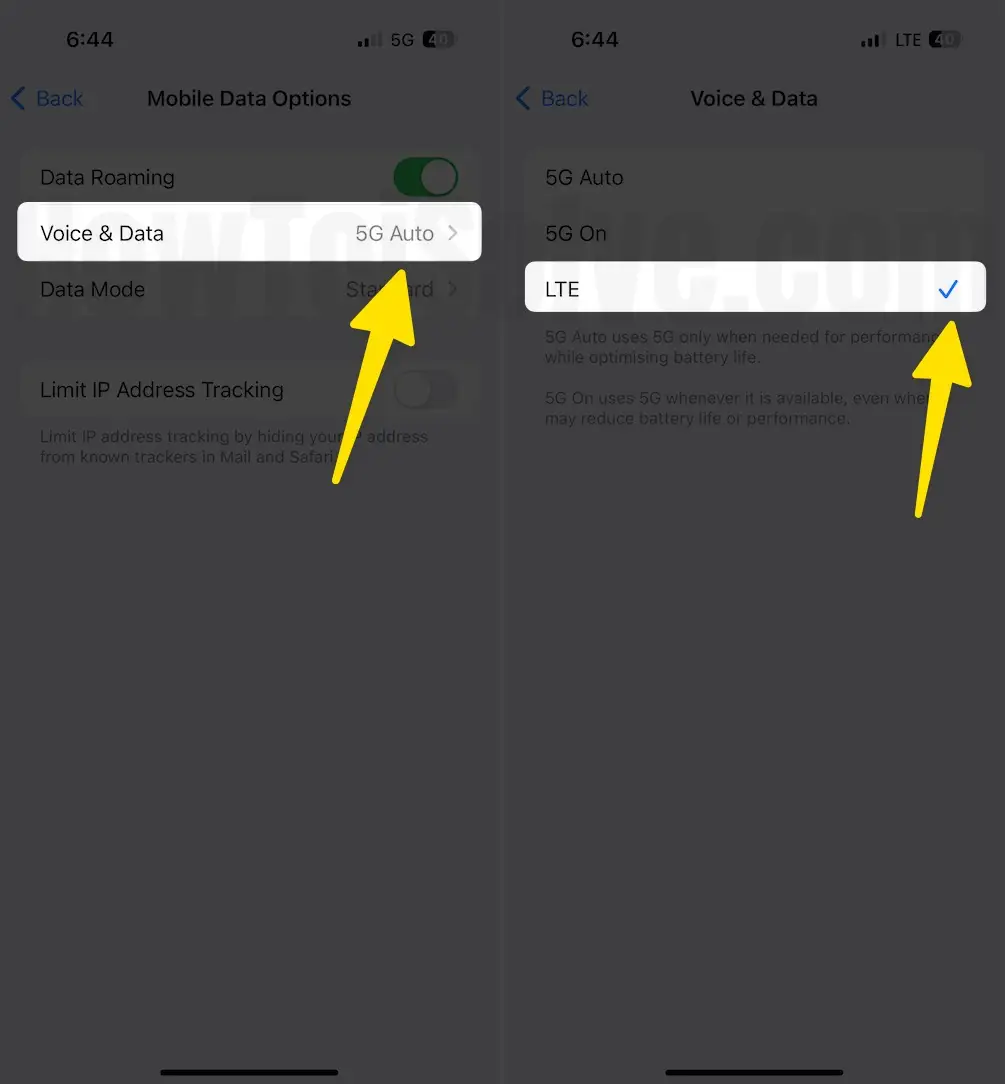 Tap on voice & data and choose LTE on iphone