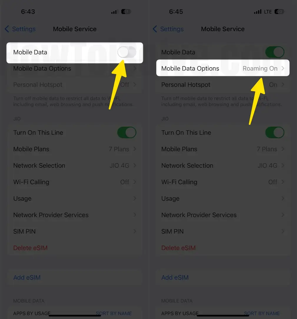 Turn on mobile data and tap mobile data option on iphone