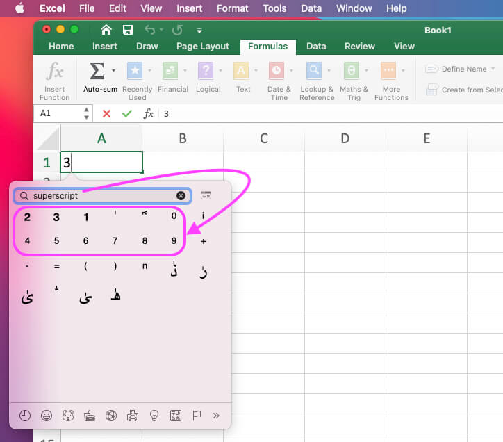 Использовать надстрочный индекс в Excel Mac с квадратным символом