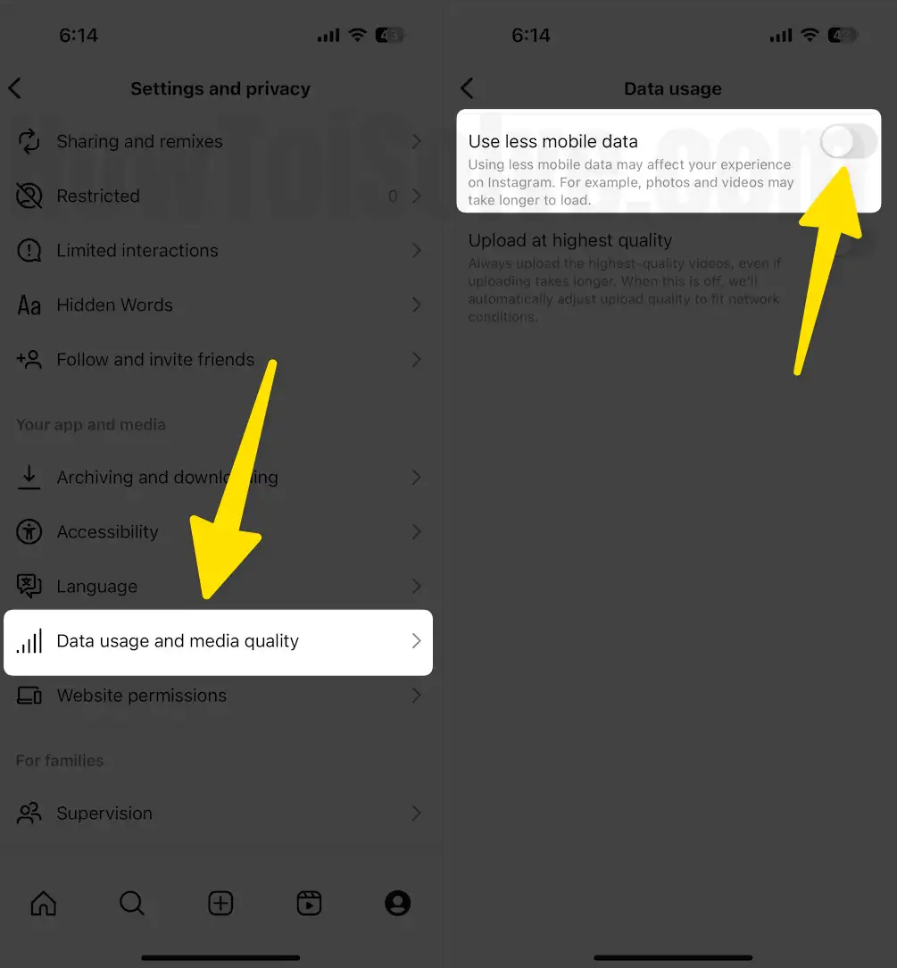 click data usage and media quality mobile data on instagram app iphone