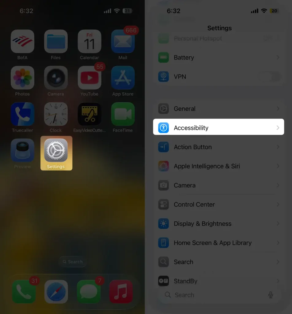 how to access Accessibility setting on iPhone
