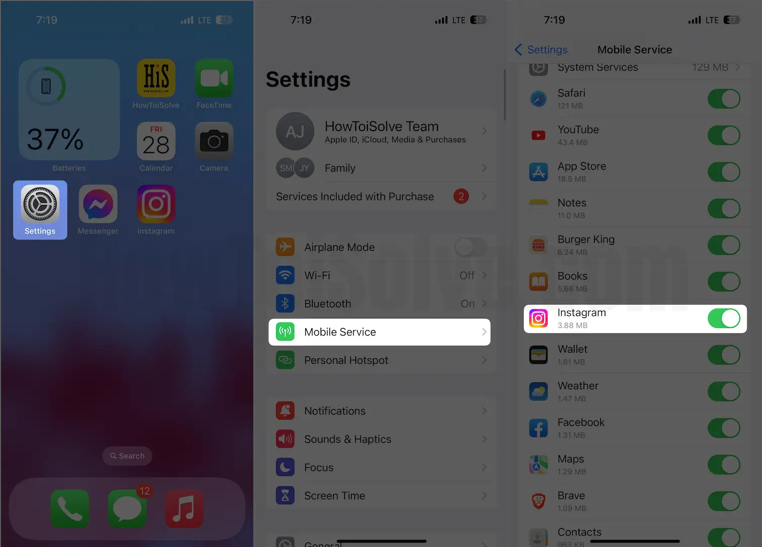 open settings app choose mobile data and turn data on for instagram app on iPhone