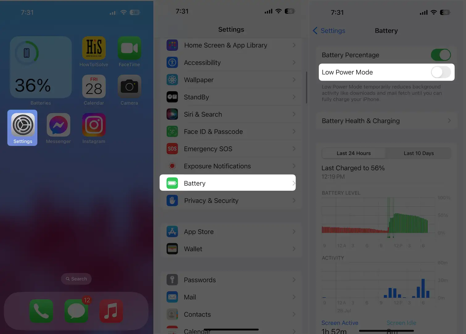 open settings app scroll screen to battery and check low power mode is off on iPhone