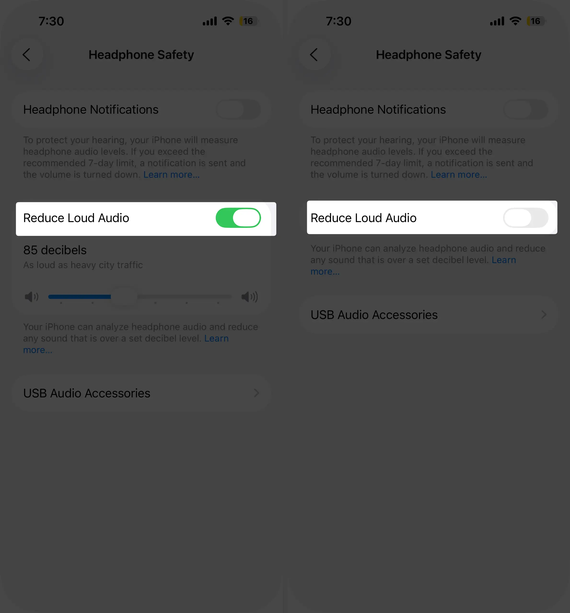 settings to disable Reduce Loud Audio on iPhone