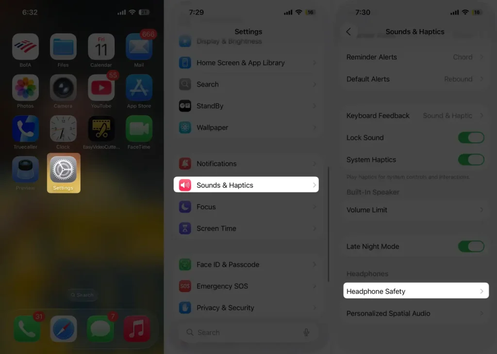 where is Headphone Safety setting on iPhone
